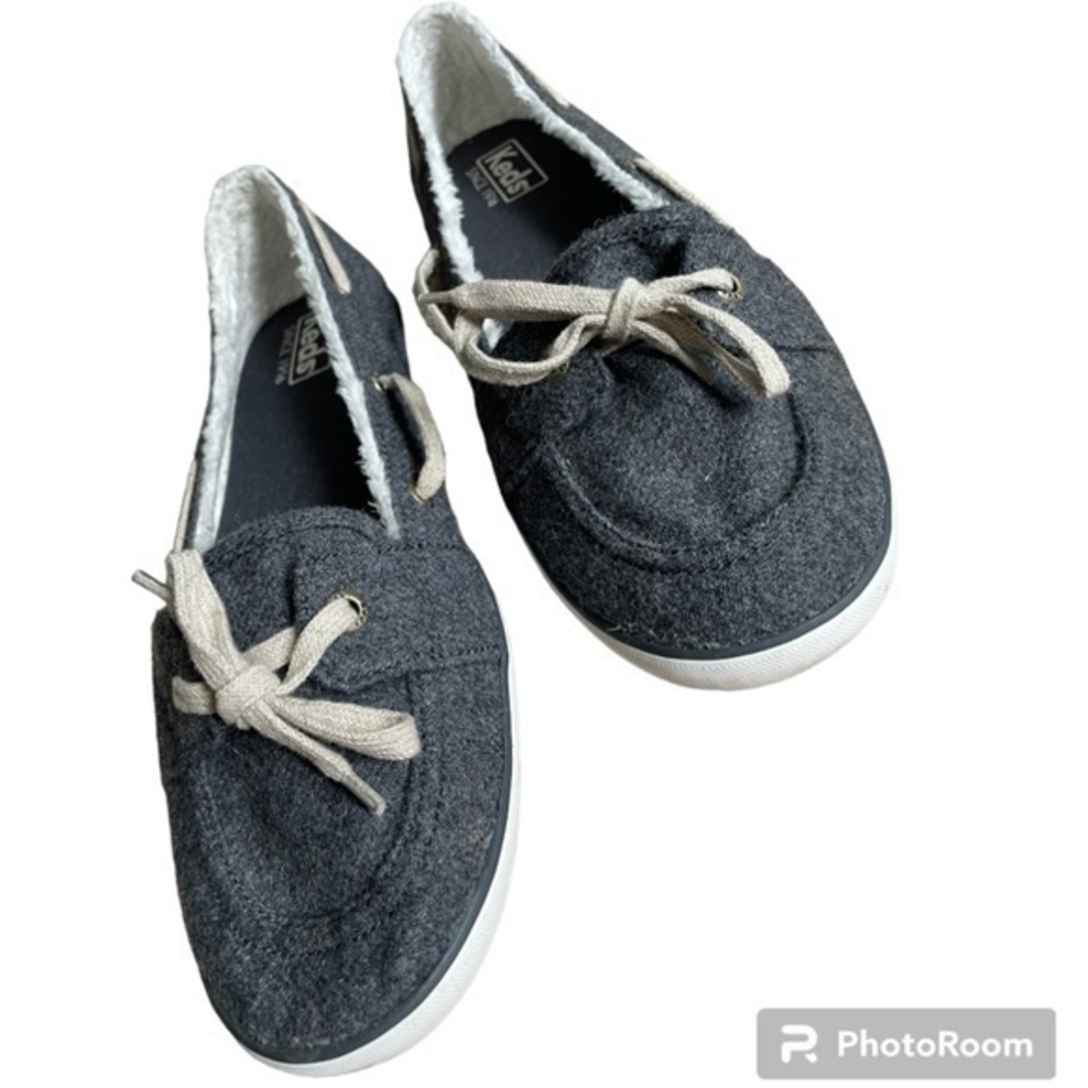 KEDS | WOMENS KEDS GREY WOOL SLIDES + REAR SHIMMER GOLD STRIPE, SIZE 10